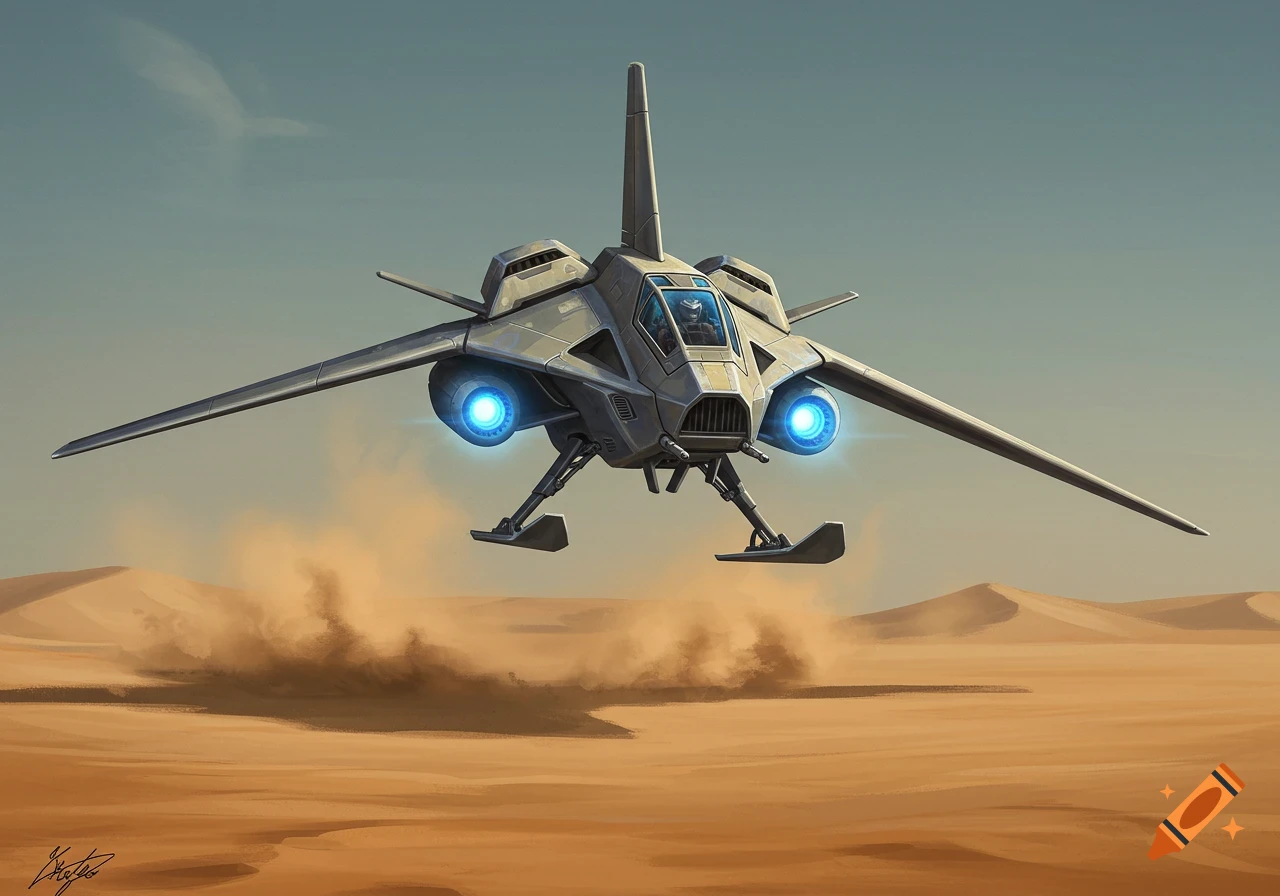 A gray, snub-nosed T-16 Skyhopper spacecraft with bright blue thrusters lifts off from a sandy desert planet, kicking up dust.