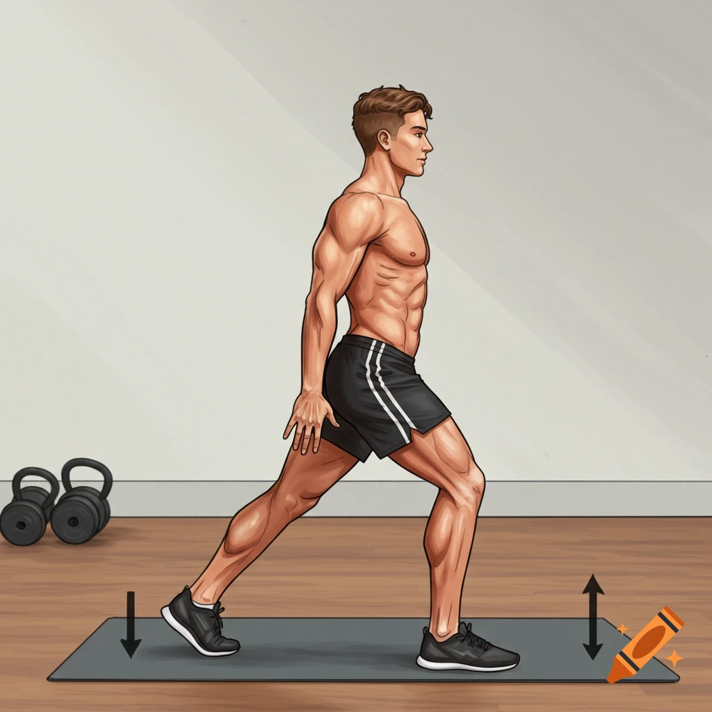 An illustration of a muscular man doing a lunge exercise on a mat, with dumbbells in the background. Arrows indicate vertical movement.