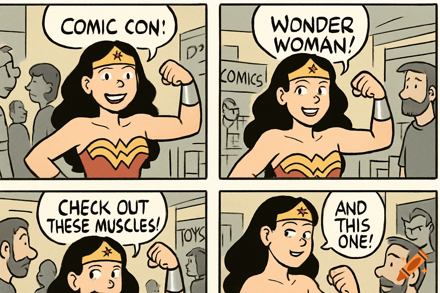 A multi-panel comic strip shows a woman dressed as Wonder Woman flexing her muscles at Comic Con, with speech bubbles.