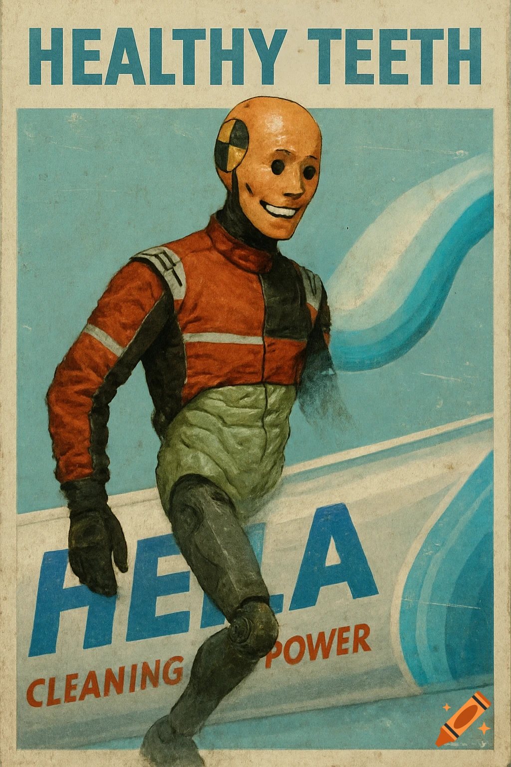 A vintage-style poster featuring a crash test dummy, partially phased into a giant tube of toothpaste. Text reads "HEALTHY TEETH" and "HELA CLEANING POWER".