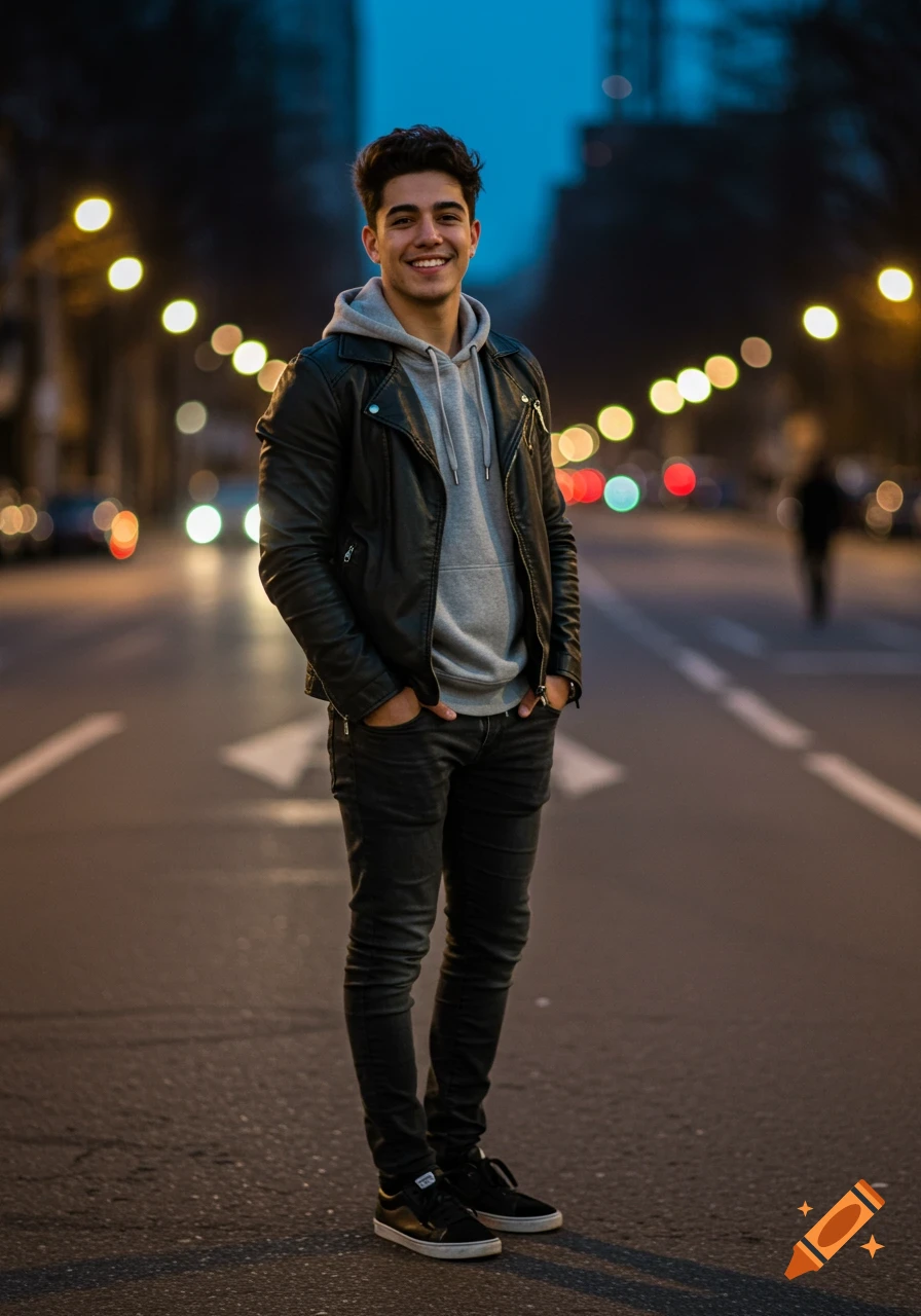 A young man in a leather jacket and hoodie smiles, standing on a city street at dusk with blurred lights.