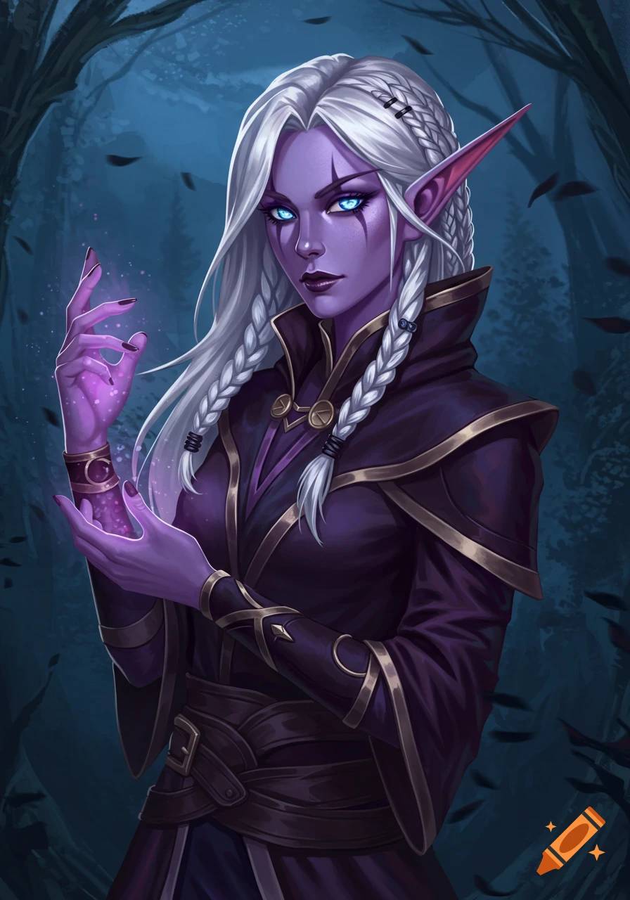 A fantasy portrait of a purple-skinned female elf with white hair, glowing blue eyes, and purple magic emanating from her hands, set in a dark forest.