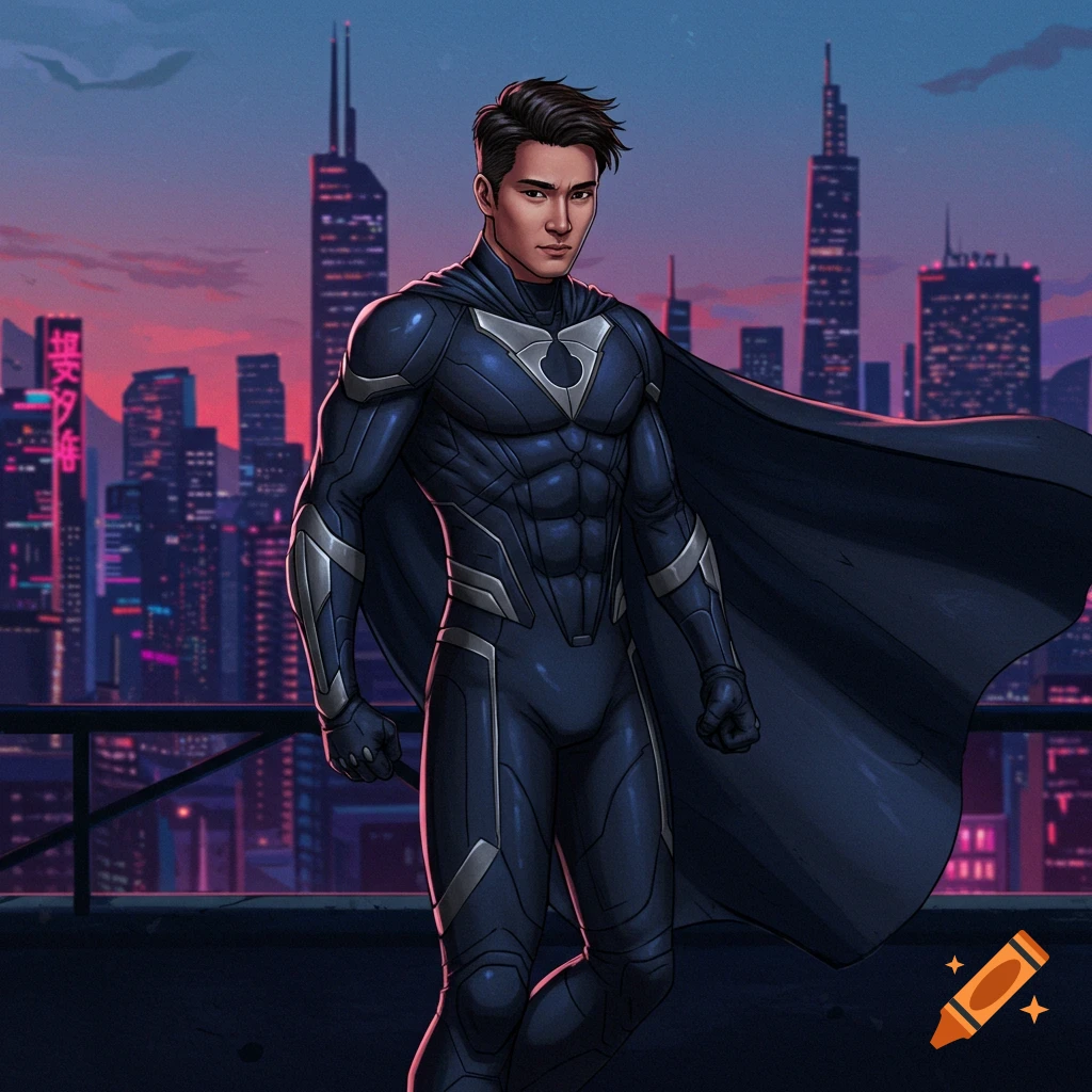 An illustration of a male superhero in a dark blue and silver suit and cape, standing on a rooftop overlooking a city skyline at sunset.