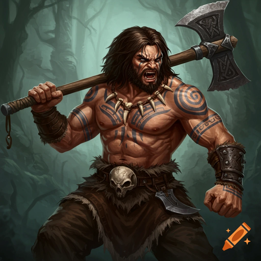 A muscular barbarian with long hair and beard, covered in tattoos, roaring and holding a large axe. Illustration style.