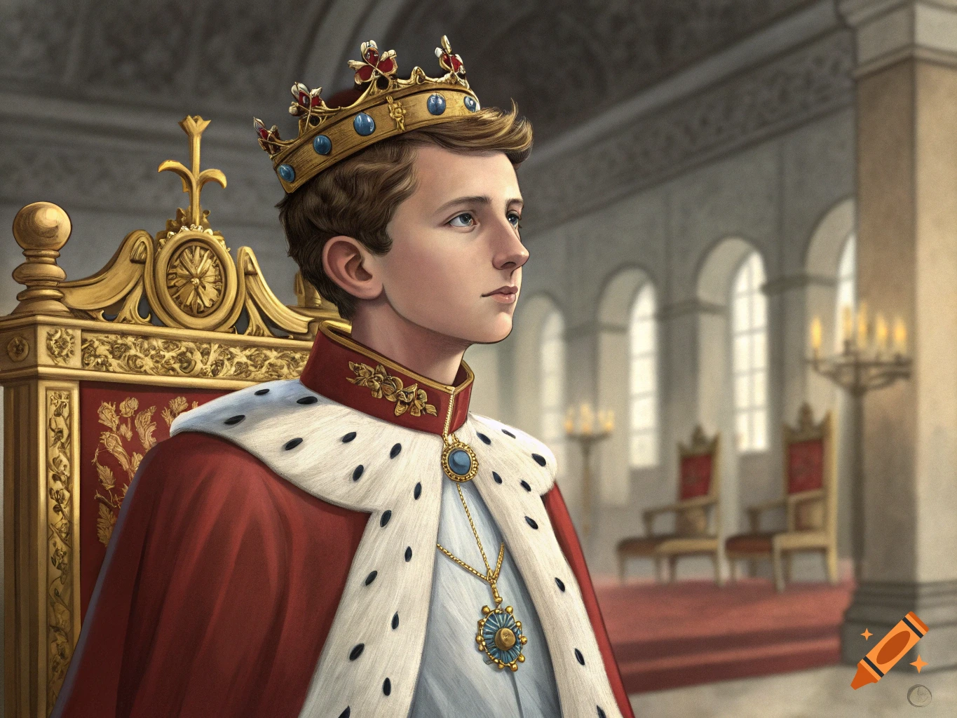 Portrait of a young king with brown hair and blue eyes, wearing a gold crown and a red and white ermine robe, seated on an ornate golden throne in a grand hall.