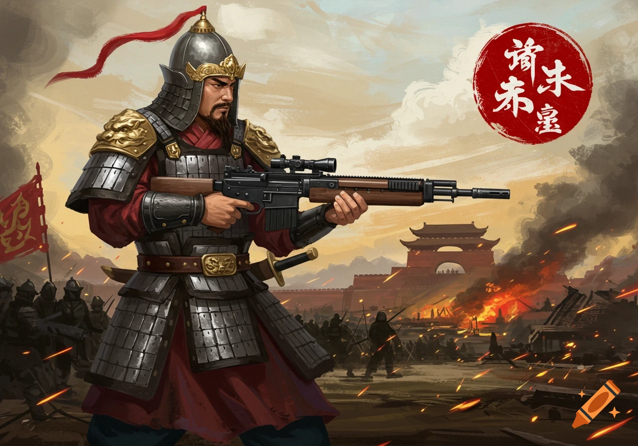 A Ming Dynasty soldier in armor holds a modern sniper rifle with a battle and burning city in the background.