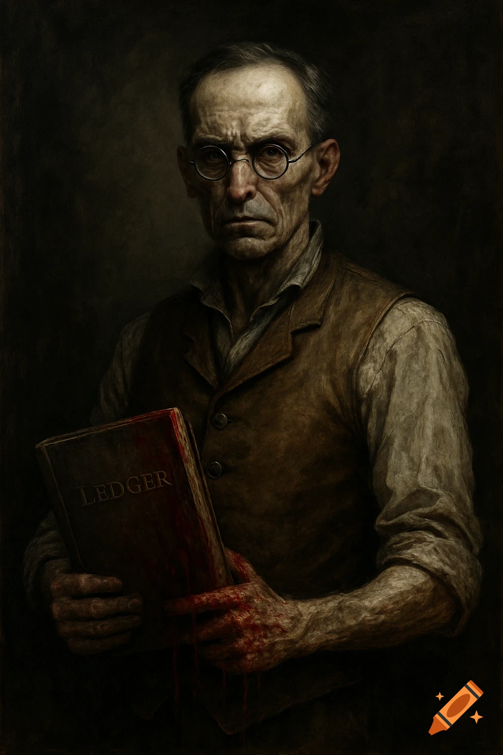 A grim dark portrait of a gaunt man with spectacles holding a blood-stained book titled 'LEDGER' in a painterly style.