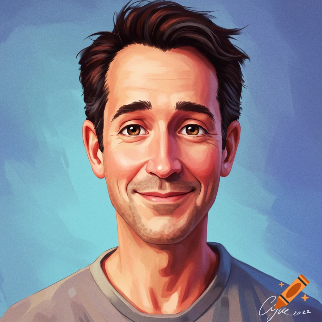 A stylized portrait of a smiling man with brown hair against a blue background.