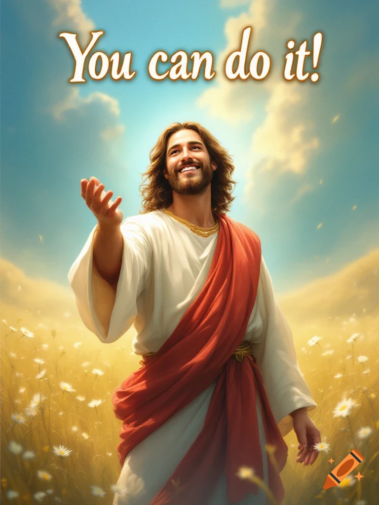An artistic illustration of Jesus Christ smiling and extending a hand in a glowing meadow under a blue sky, with 'You can do it!' above him.