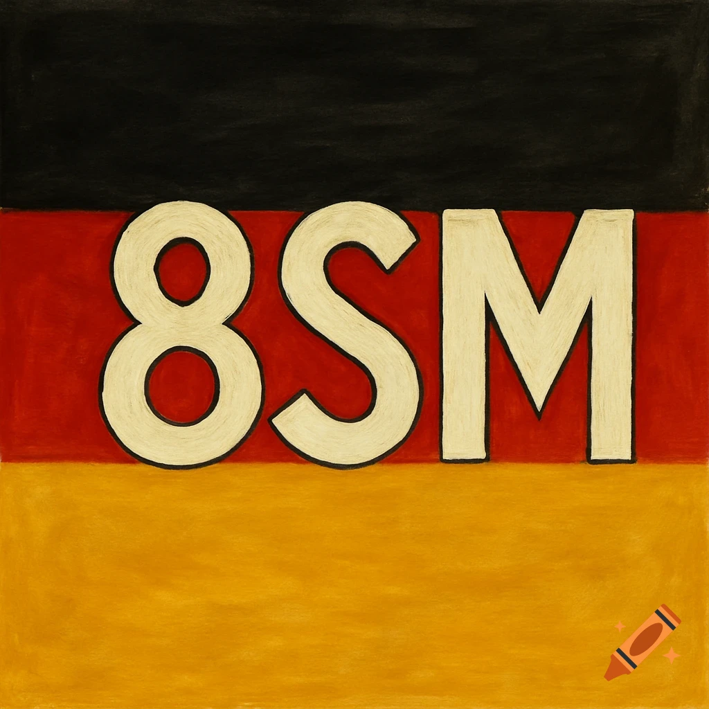 A flag with black, red, and yellow horizontal stripes and the white letters '8SM' outlined in black.