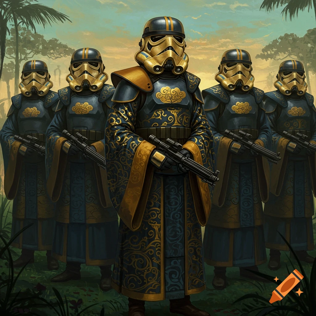 Five golden and blue robed stormtroopers with blasters stand in a jungle-like setting.