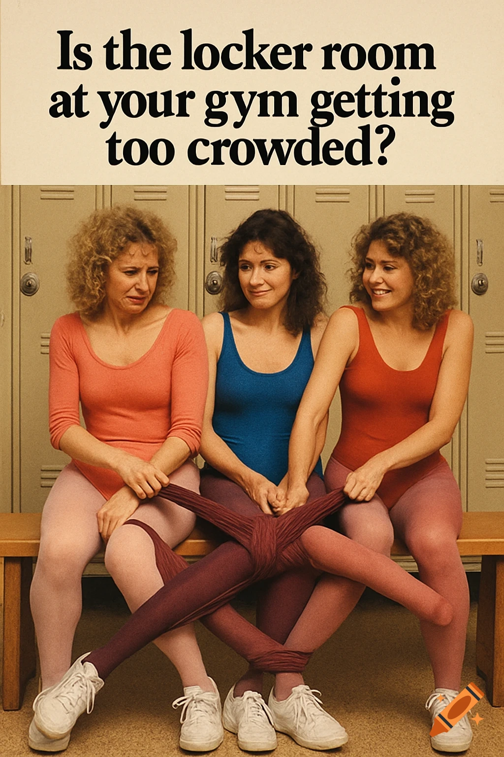 Three women in vintage leotards and tights are humorously tangled together on a locker room bench.