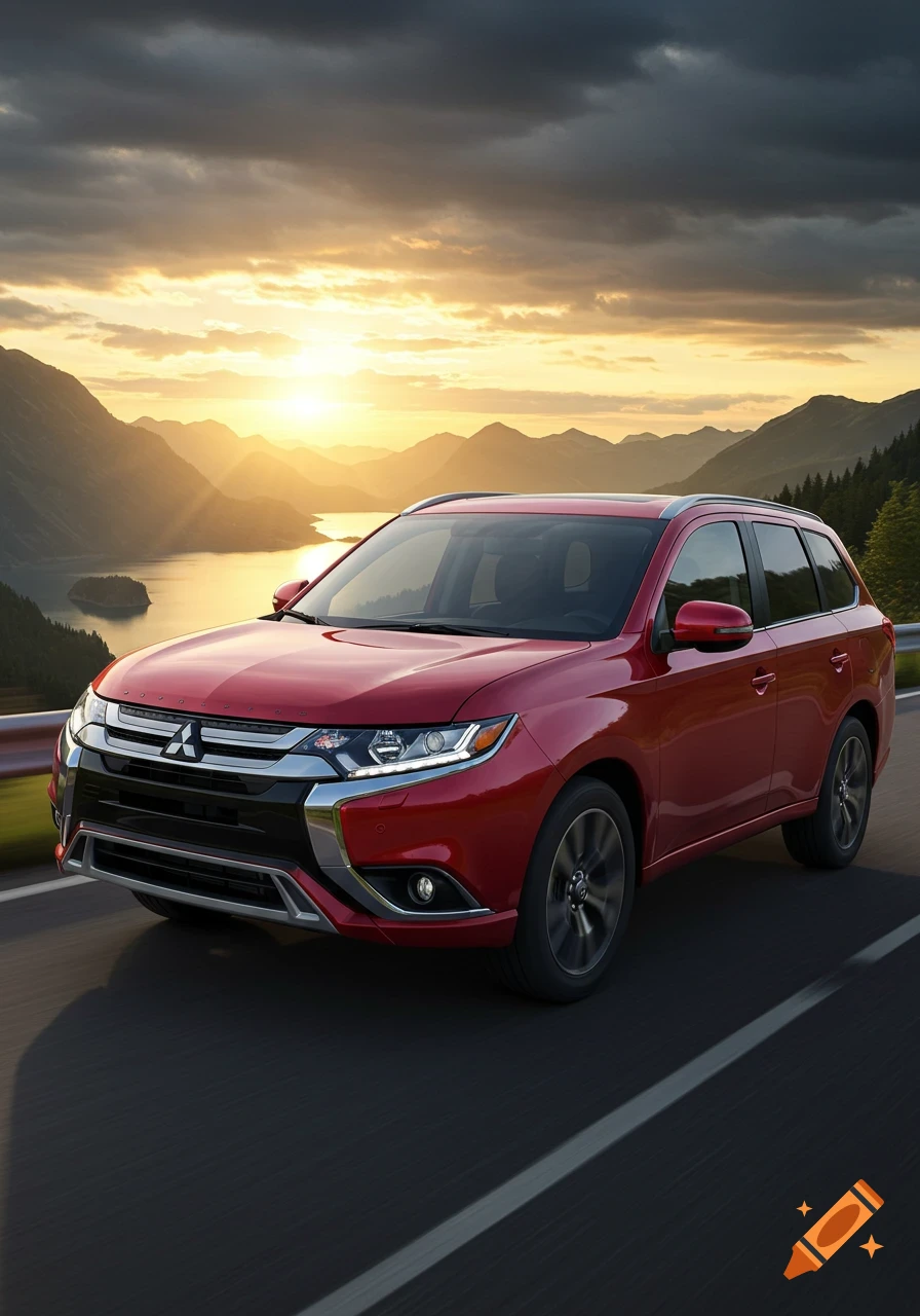 A red Mitsubishi Outlander SUV drives on a road with mountains and a lake at sunset.