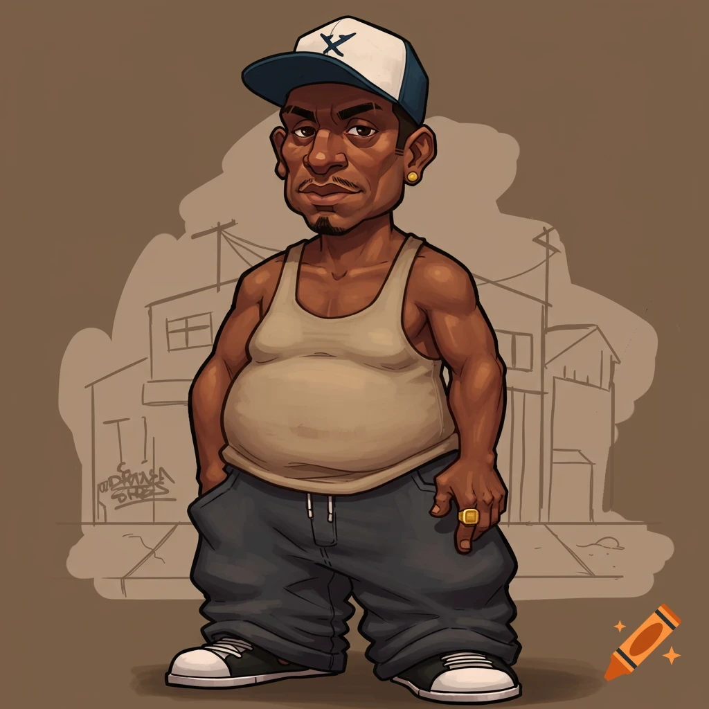 A full-body cartoon caricature of a dark-skinned man with a potbelly, wearing a tank top, baggy pants, a cap with an X, and gold jewelry.