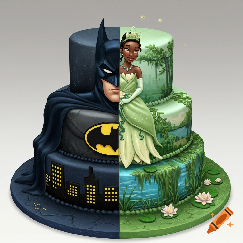 A realistic wedding cake split down the middle, one side features Batman, the other Princess Tiana with swamp scenery.