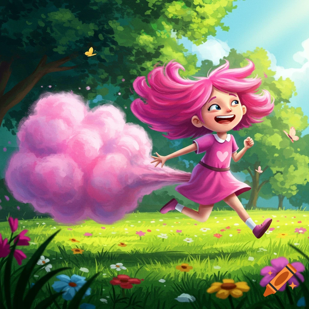 A happy cartoon girl with pink hair runs through a bright green meadow, leaving a large pink cloud behind her.