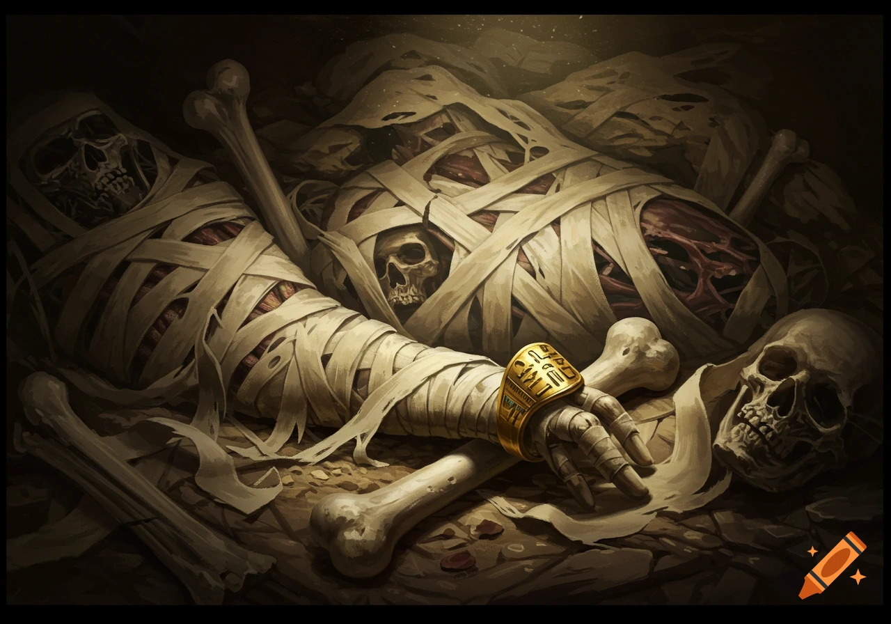 Illustrated dark fantasy art of mummified remains, bones, and a golden ring with hieroglyphs in a dimly lit setting.