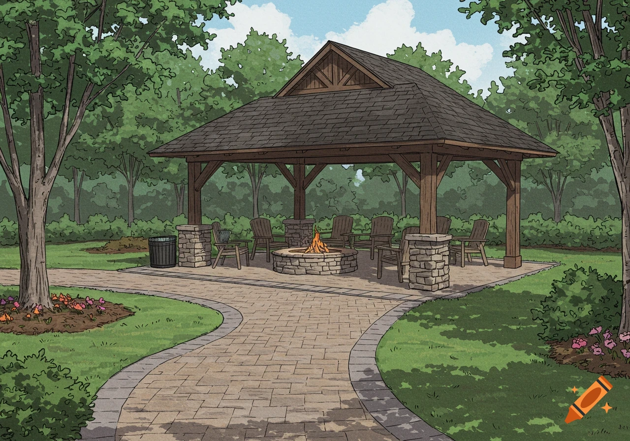 An illustrated outdoor shelter with a shingled roof, surrounding a stone fire pit with chairs, accessed by a paver walkway through a grassy park.