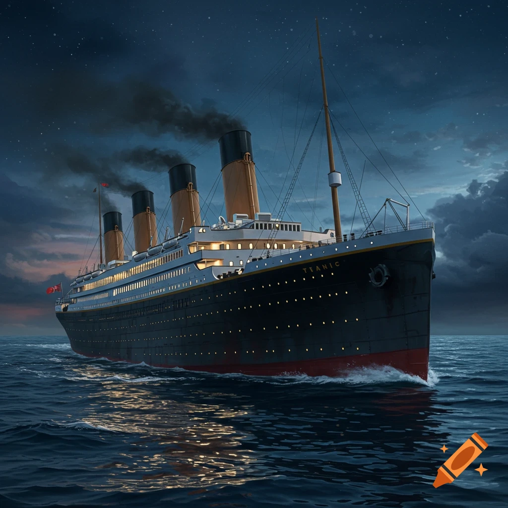 A detailed illustration of the Titanic sailing at night on a calm, dark ocean with lights glowing from its decks.