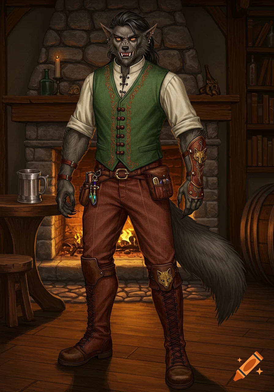 A detailed fantasy illustration of a werewolf character in a green vest and brown pants, standing in a tavern by a fireplace.