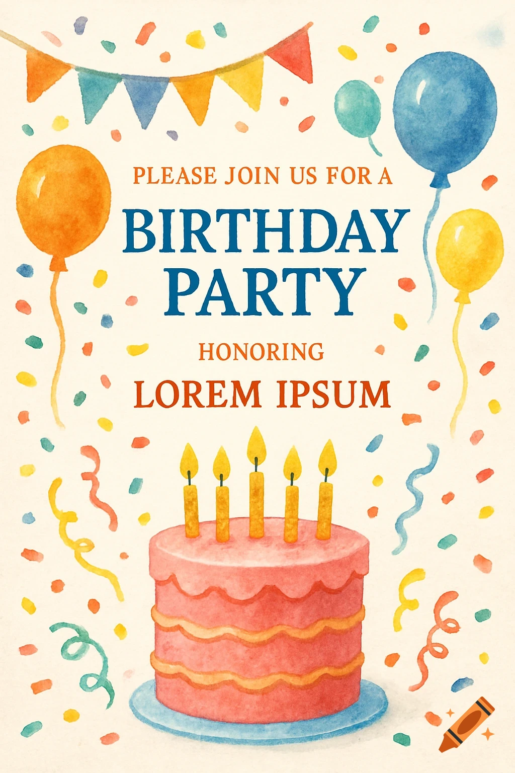 Watercolor birthday invitation with balloons, confetti, banner, and a pink cake with five candles.