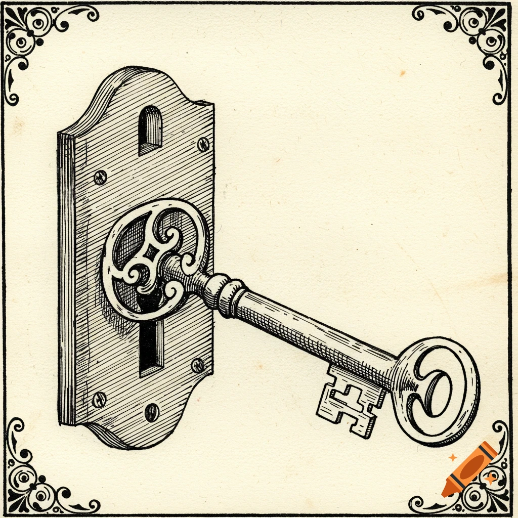 A detailed pen and ink illustration of an ornate Victorian key partially inserted into a keyhole, within a decorative border.