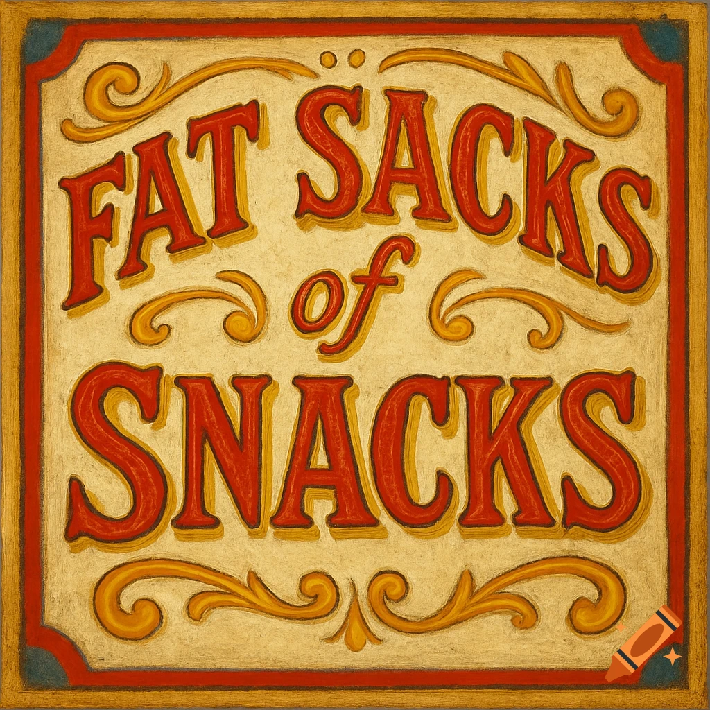 A vintage carnival-style sign with 'FAT SACKS of SNACKS' in red and gold lettering.