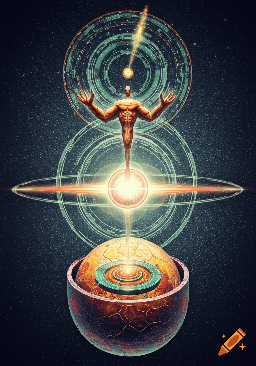 A stylized muscular figure with outstretched arms stands above a cutaway planet, surrounded by glowing rings and cosmic light against a starry background.