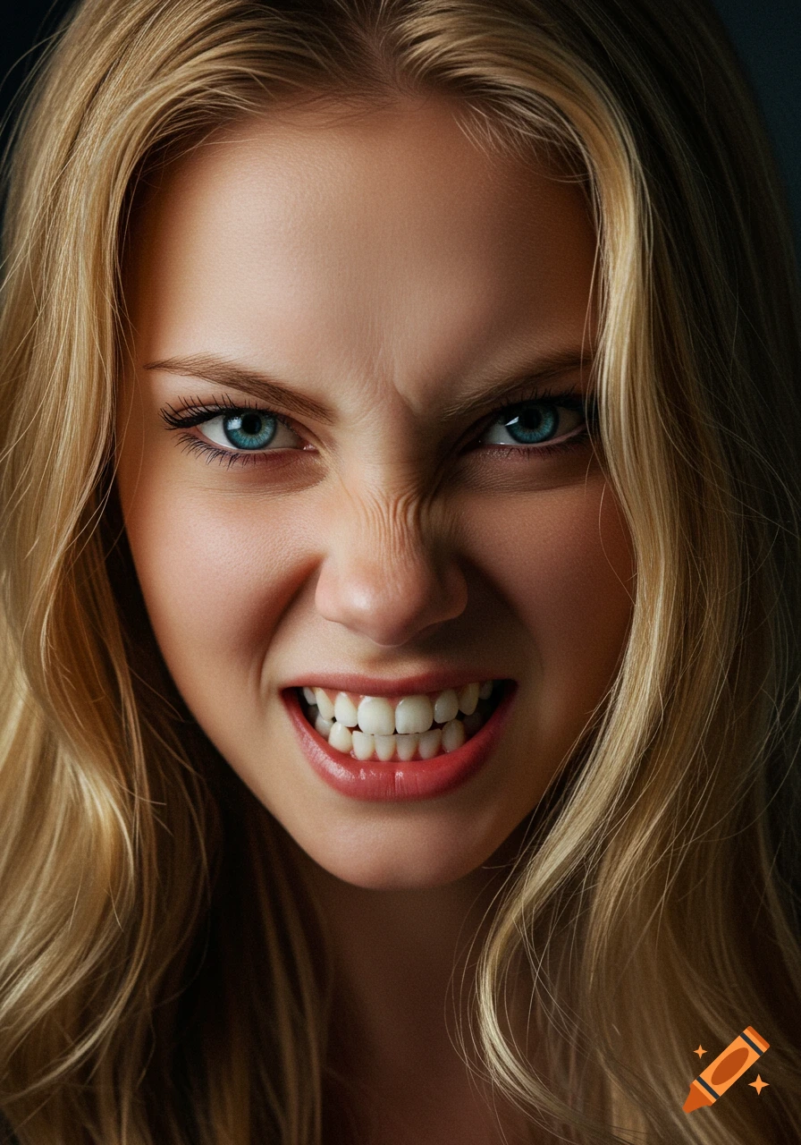 Close-up hyper-realistic portrait of a blonde woman gritting her teeth with an intense, fierce expression.