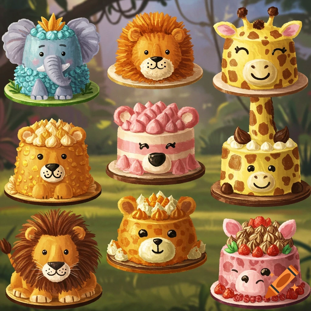 Nine colorful cakes decorated as cartoon zoo animals like elephants, lions, and giraffes, on a jungle background.