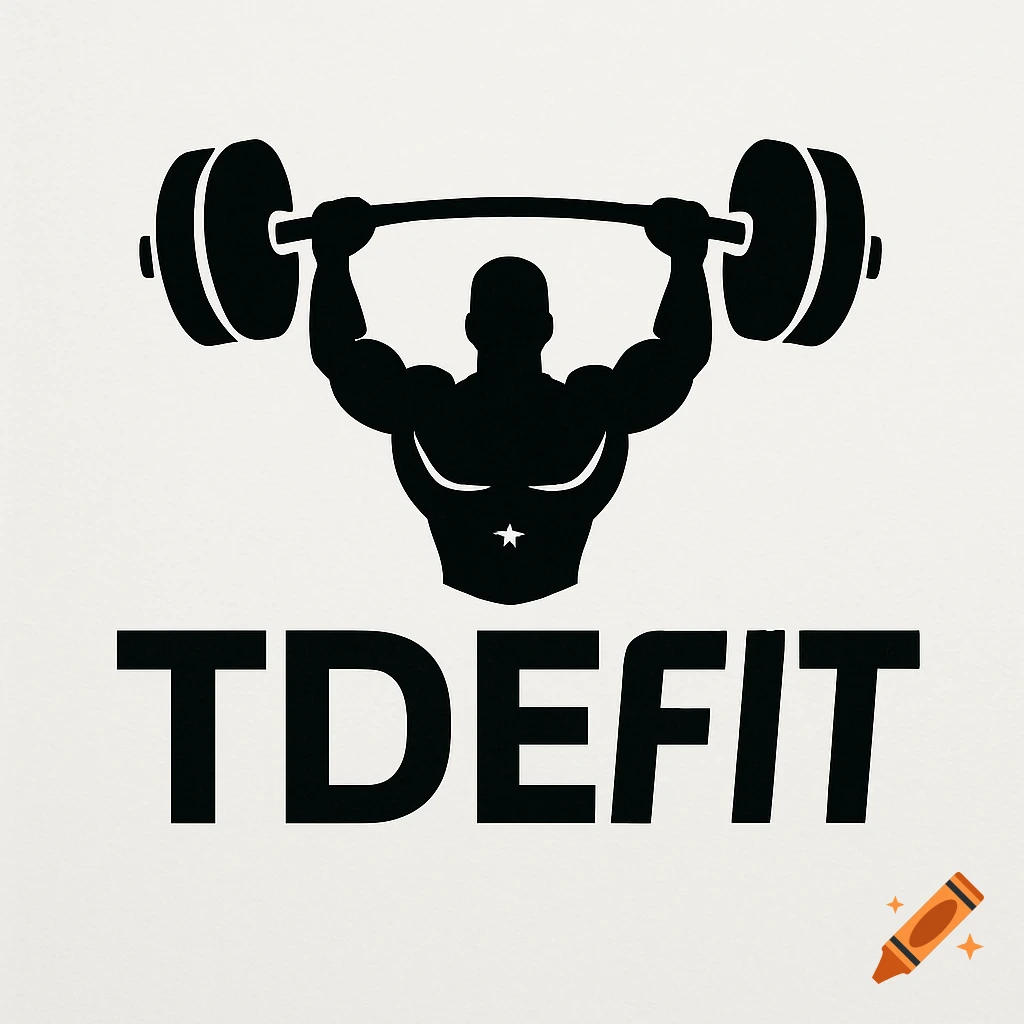 A black silhouette logo of a muscular bodybuilder lifting a barbell over text that reads 'TDEFIT' on a light background.