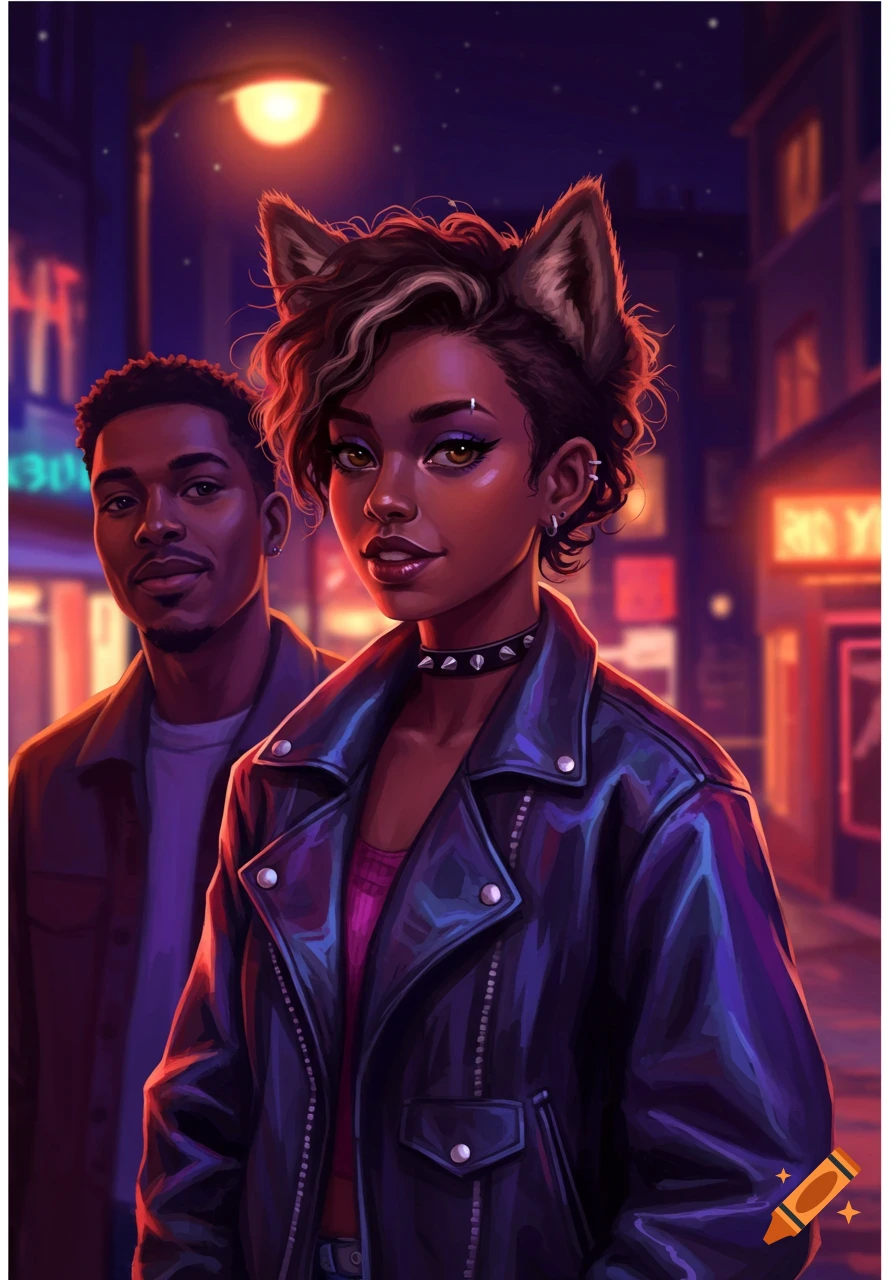 Digital art portrait of a Black woman with wolf ears and a leather jacket, with a Black man behind her, on a city night with neon lights.