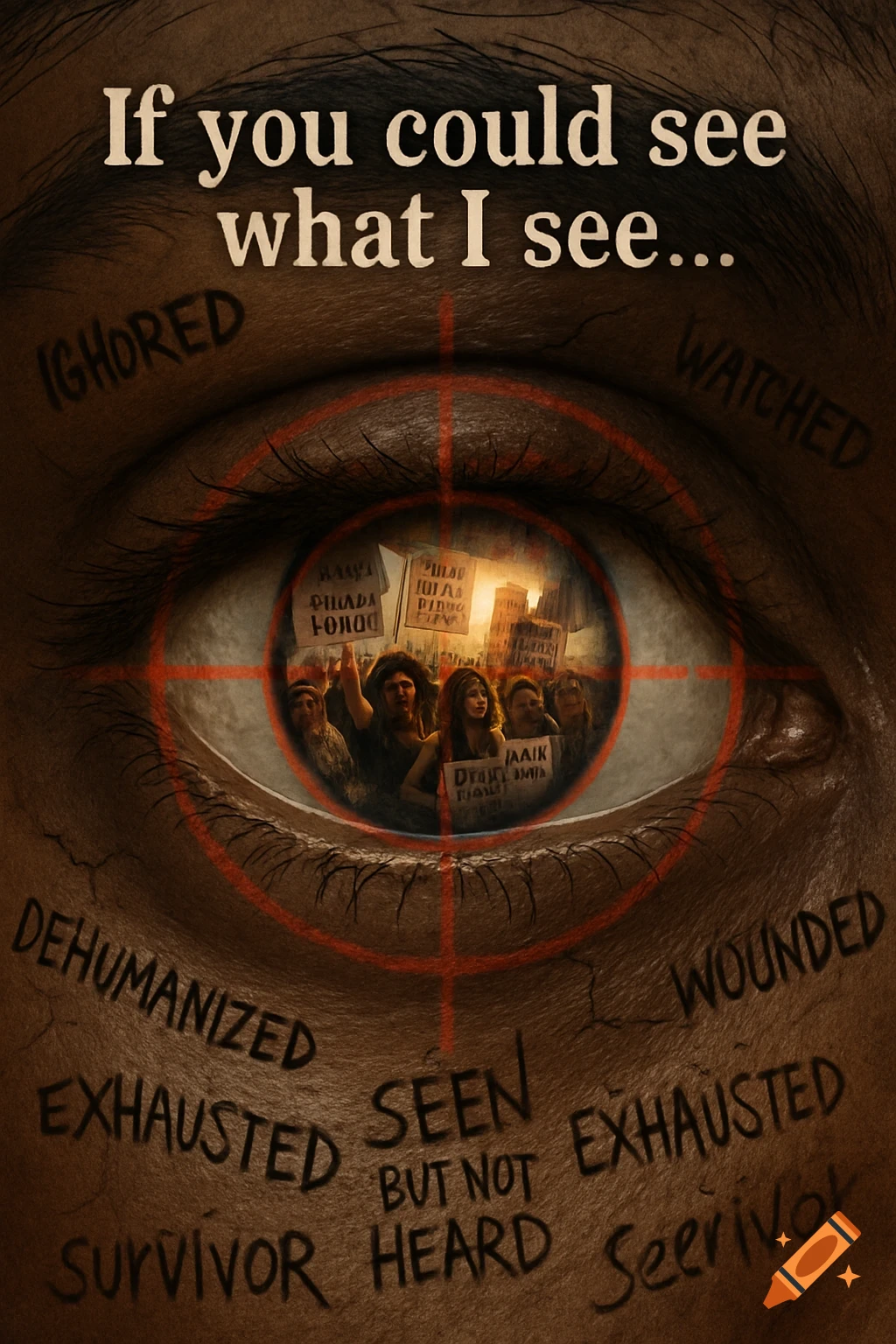 Close-up of an eye with a protest reflected in the iris, surrounded by words like 'Ignored', 'Dehumanized', and 'Survivor'. A target symbol overlays the eye.