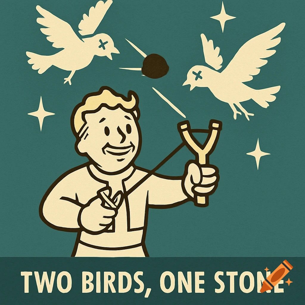 A cartoon Vault Boy character with a slingshot, hitting two birds, with text 'TWO BIRDS, ONE STONE' in a retro poster style.