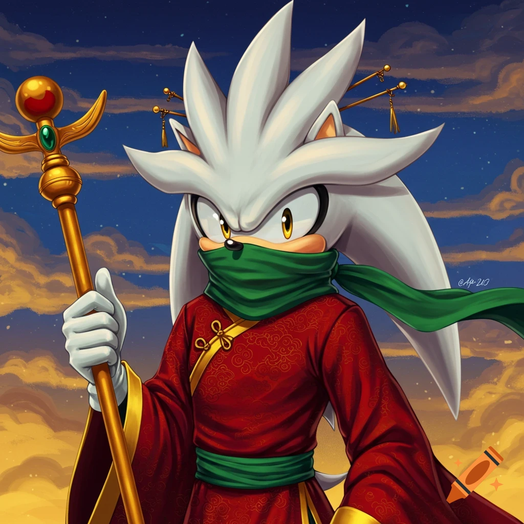 Silver the Hedgehog in a red cheongsam and green scarf holding a golden staff against a cloudy sky.