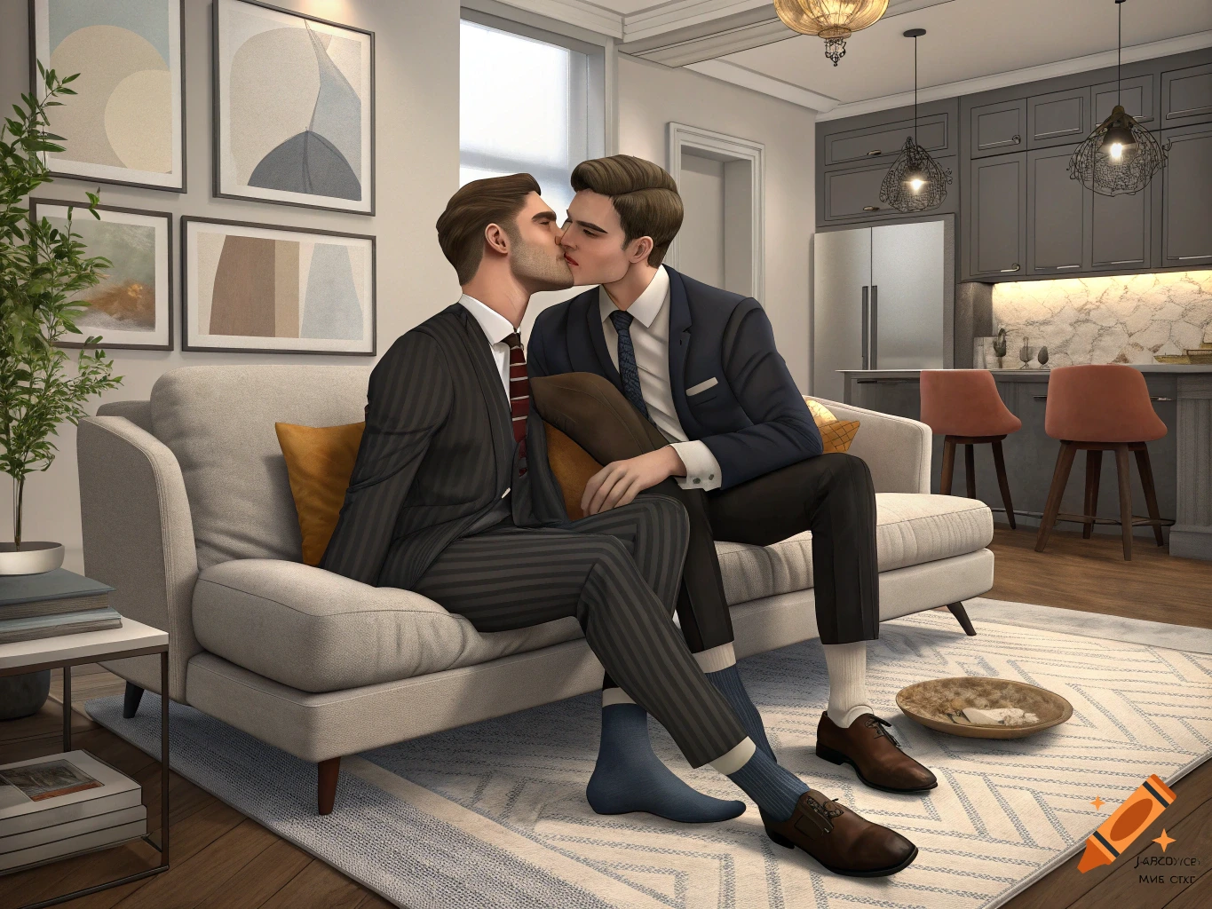 Two well-dressed men in a stylish apartment living room are sharing a romantic kiss on a sofa.