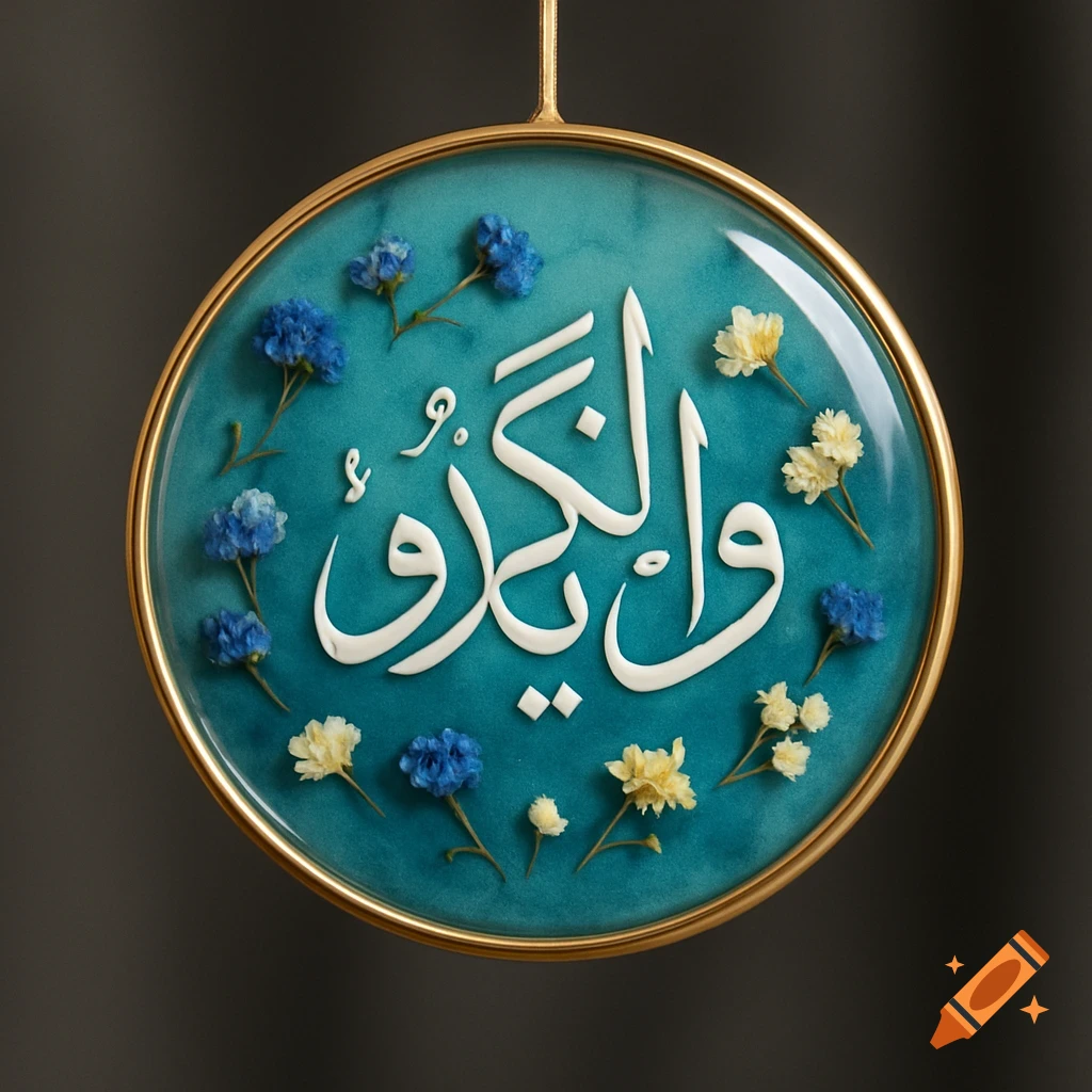 Round Islamic ornament with white Arabic calligraphy on a turquoise background, adorned with blue and yellow dried flowers.