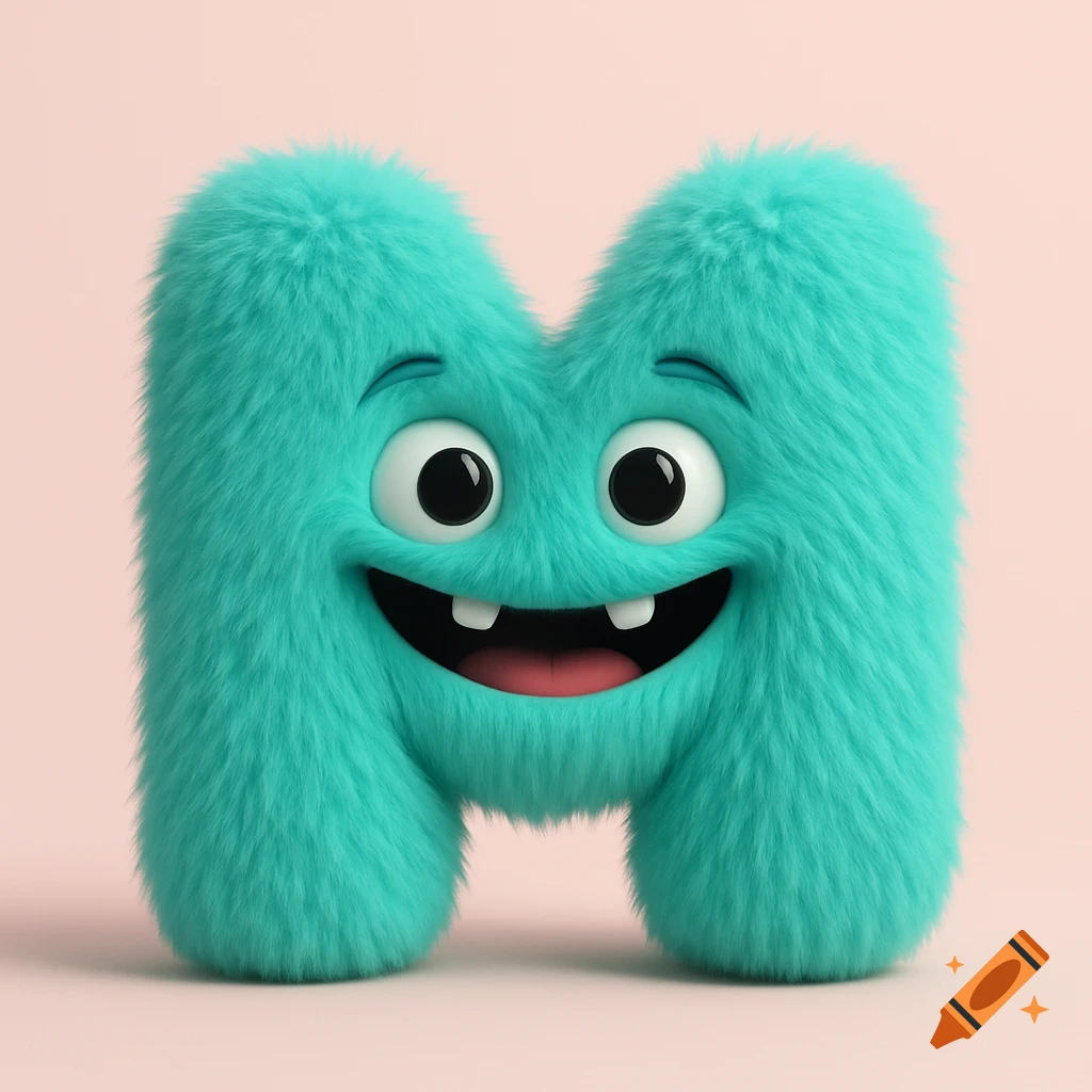 A fluffy teal monster shaped like the letter M with a happy face, rendered in 3D on a pastel pink background.