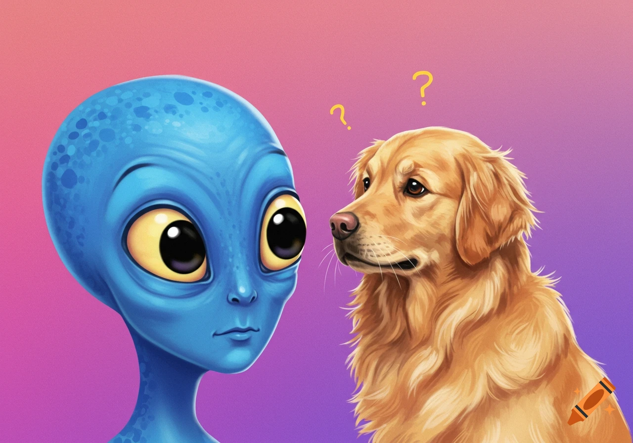A blue cartoon alien and a golden retriever dog look at each other, with yellow question marks on a pink and purple background.