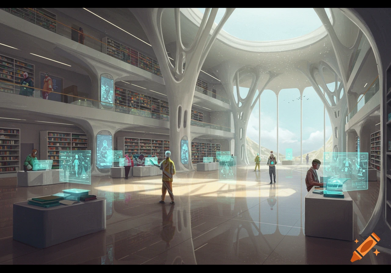 A futuristic library with soaring architecture, natural light, and patrons interacting with holographic display screens.