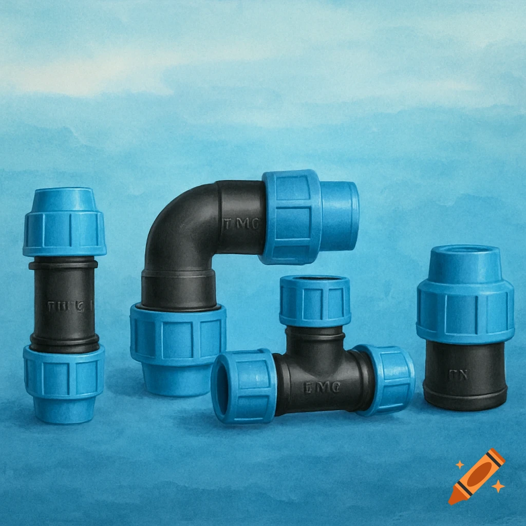 Four black and blue plastic plumbing pipe fittings, including an elbow and a T-joint, on a blue background with a lighter blue top.