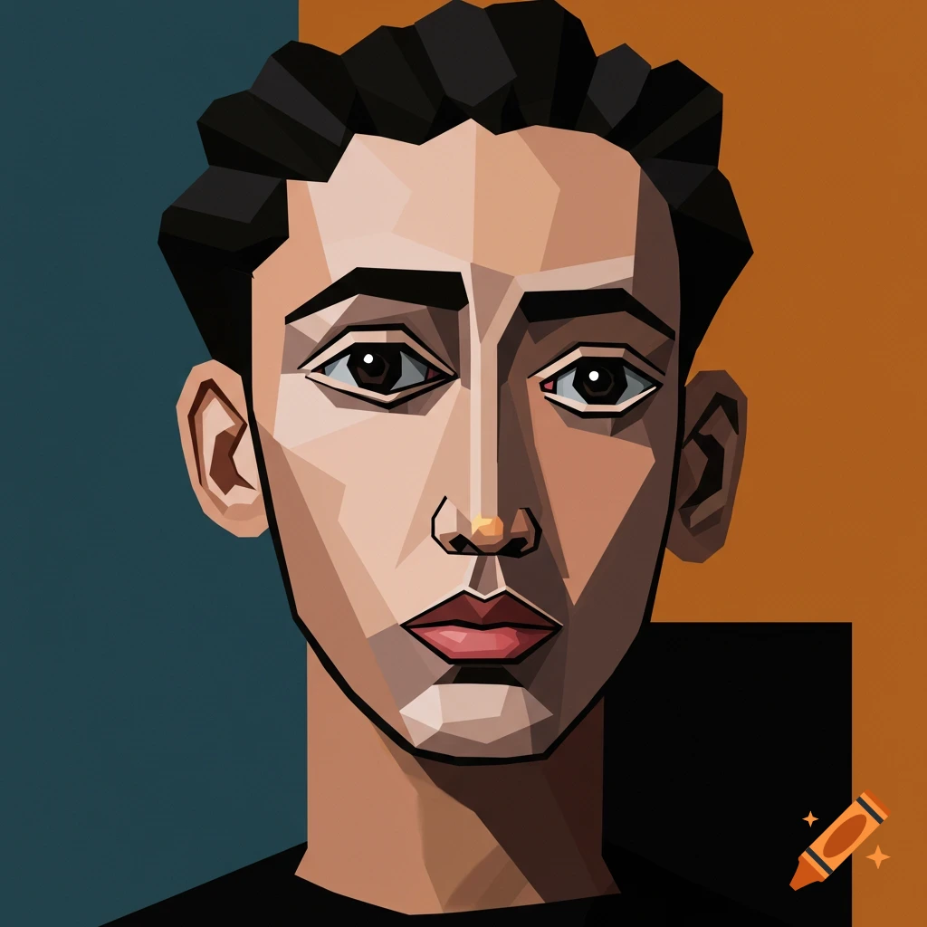 A cubism-style abstract portrait of a person with dark hair, rendered in geometric shapes and earthy tones against a split blue and orange background.