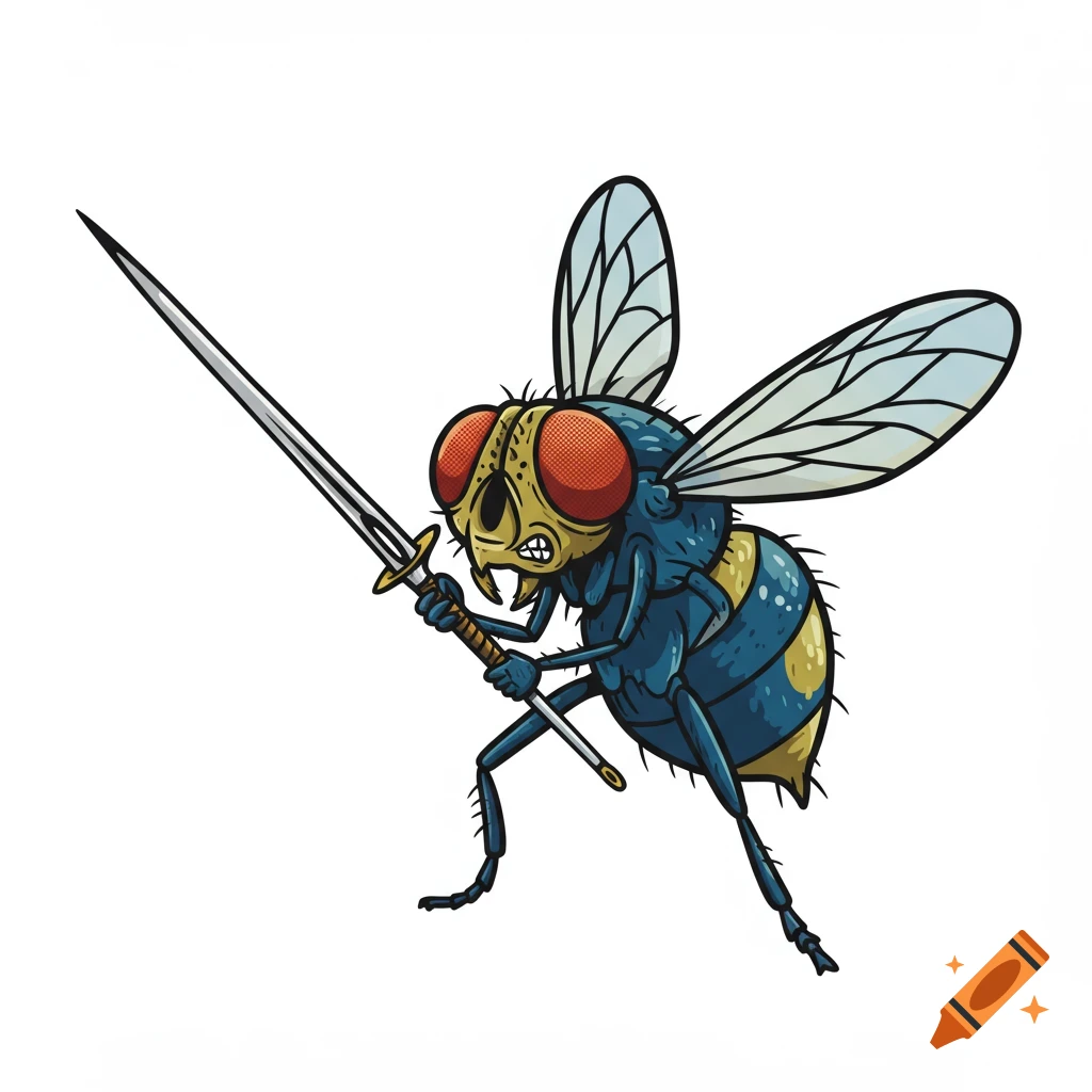 A cartoonish fly standing upright, holding a thin sword, against a white background.