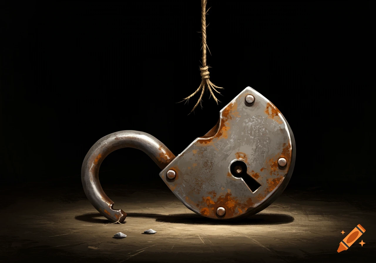 An old, rusty, open padlock lies on the ground in a dark room, with a frayed rope hanging above it.