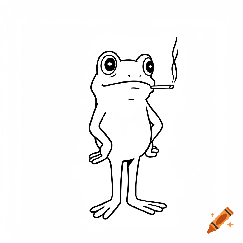 Minimalist black and white line art of a cartoon frog standing upright and smoking a cigarette.