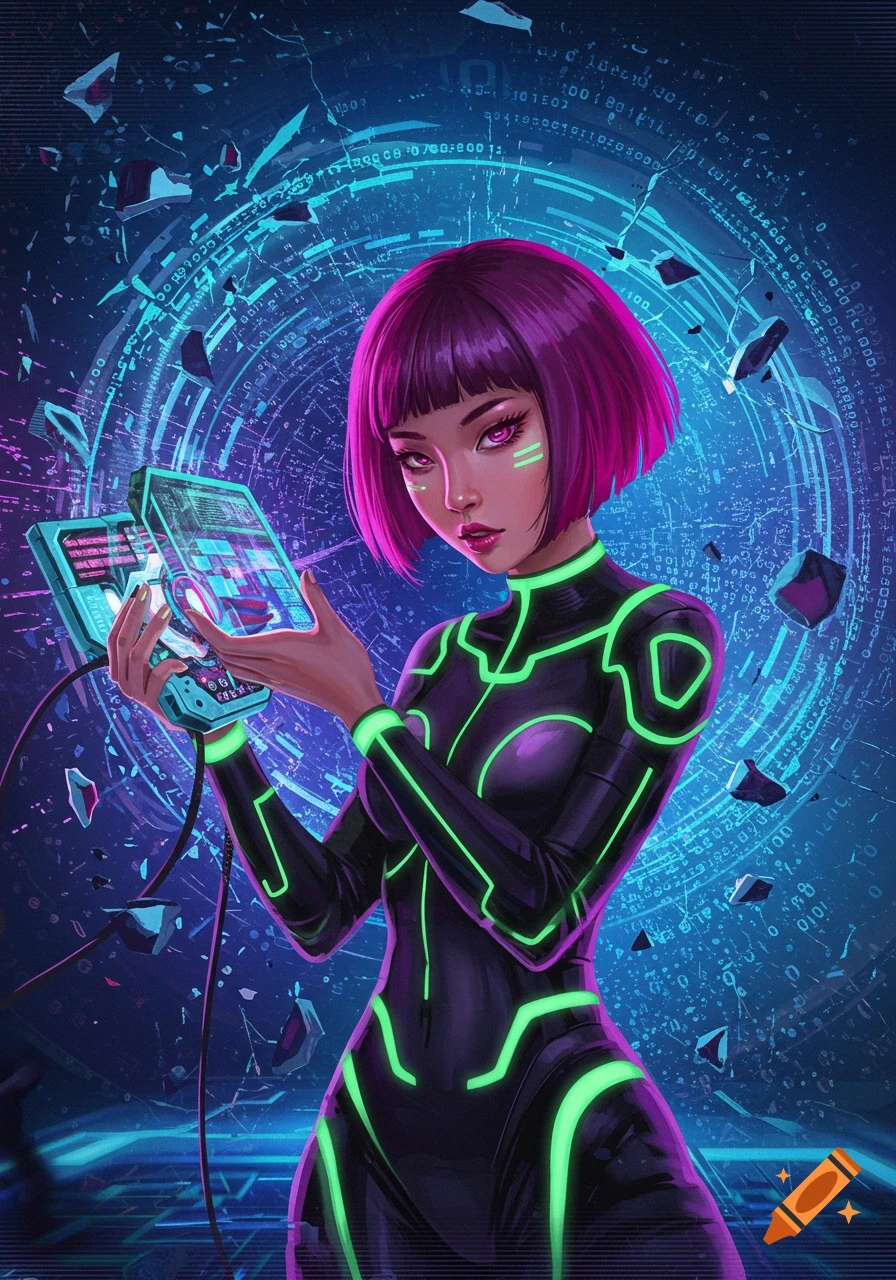 A vibrant cyberpunk illustration of a woman with magenta hair in a black and neon green suit, holding a futuristic glowing device against a digital background.