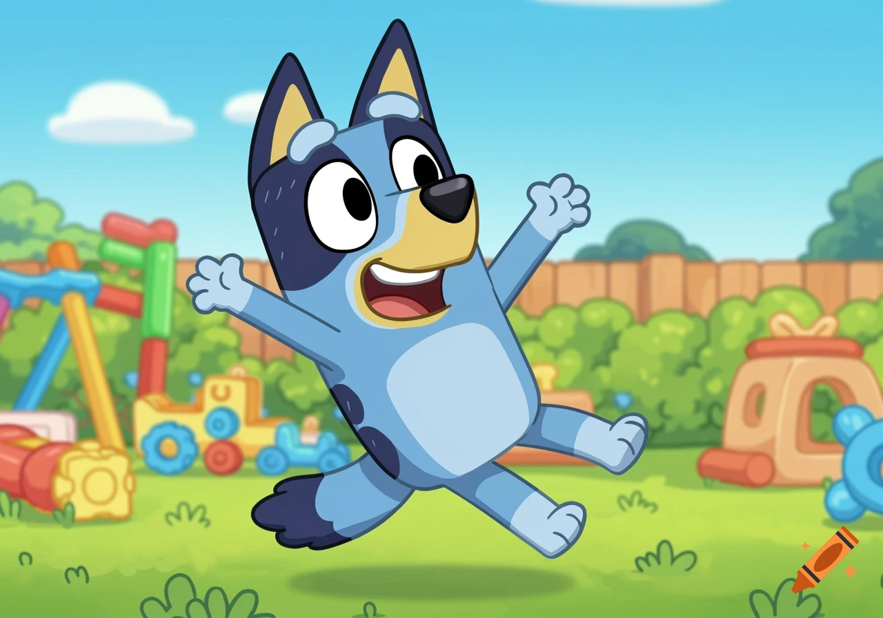 A happy blue cartoon dog, Bluey, jumps with arms wide open in a bright green backyard with playground equipment.