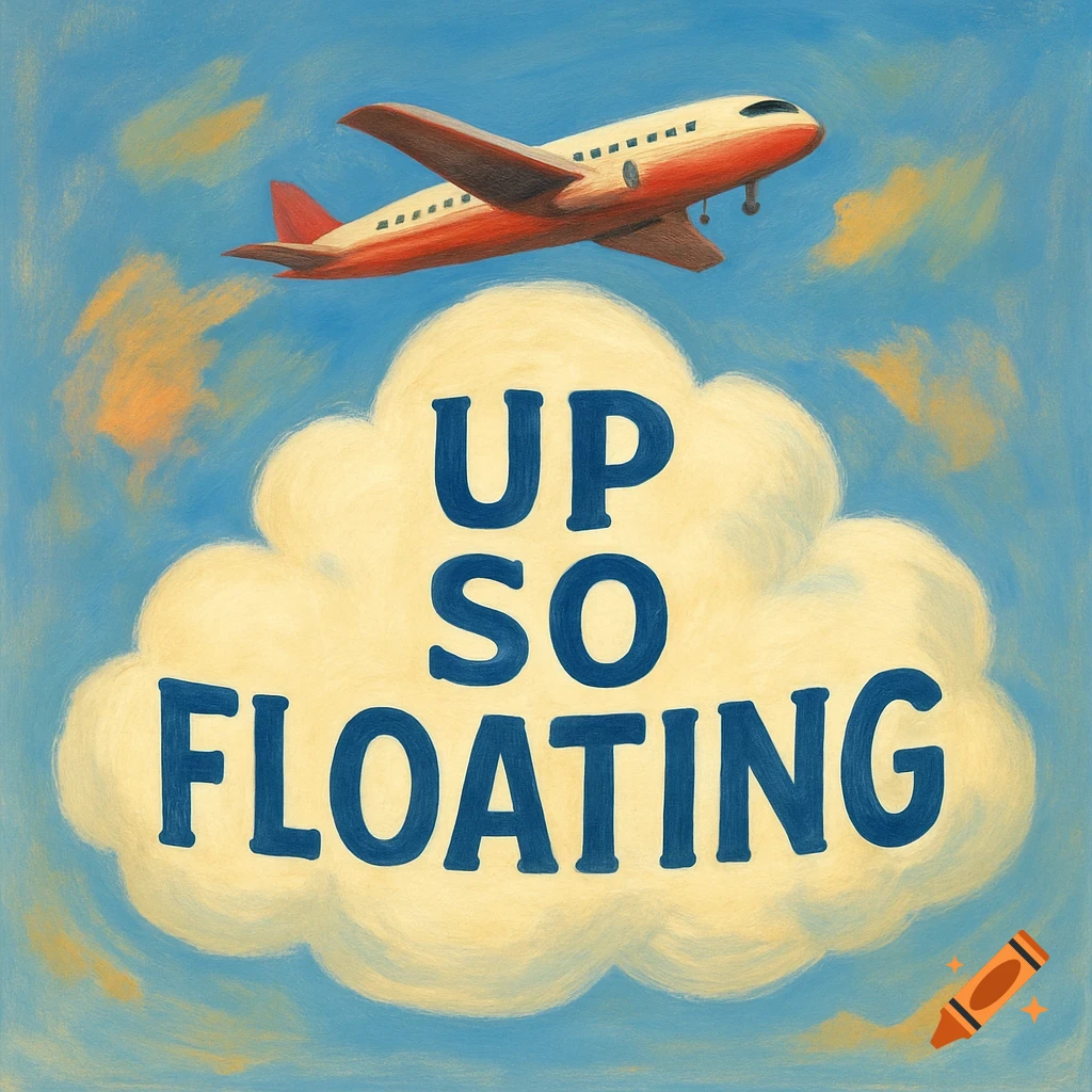 A cartoon illustration of a red and white airplane flying above a yellow cloud with the text 'UP SO FLOATING' in a blue sky.