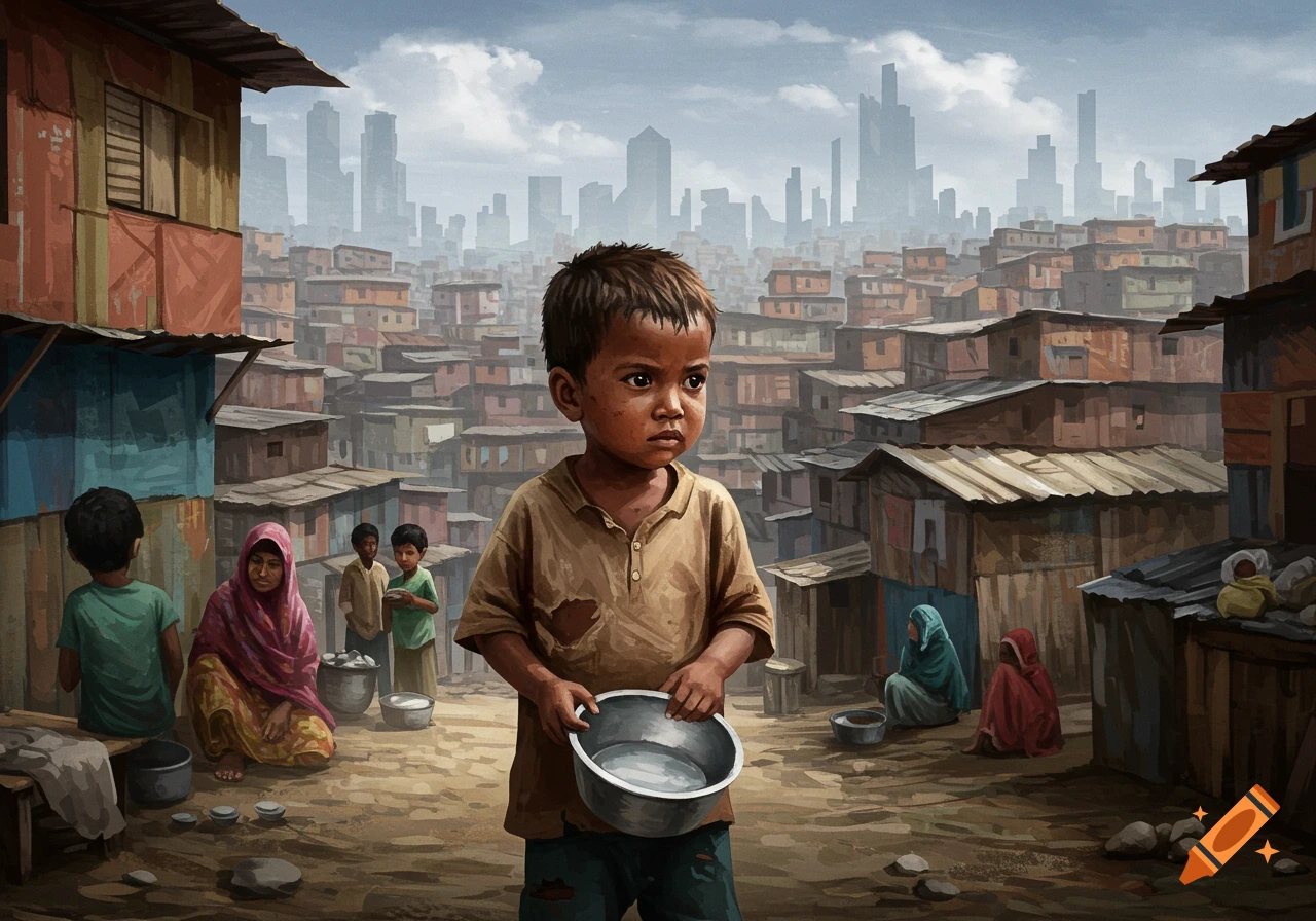 A young child holds a bowl in a crowded slum, with a modern city skyline in the hazy background, in a painterly style.