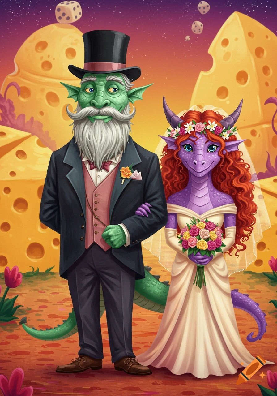 A green, bearded dragon groom in a top hat and a purple dragon bride with red hair and flowers stand in a whimsical cheese and dice landscape.